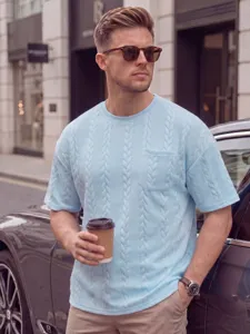 Heren lichtblauw getextureerd gebreid korte mouw t-shirt met zak ronde hals casual zomertop