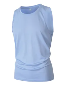 Hellblaues atmungsaktives Mesh-Detail Herren Sport Tanktop Sommer ärmelloses Rundhals Shirt