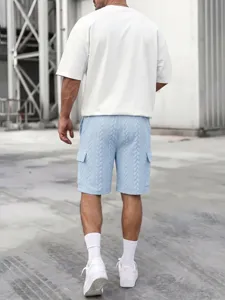 Detailed back view of men's cable knit jacquard cargo shorts with side pockets for summer.