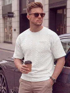 Heren wit getextureerd gebreid korte mouw t-shirt met handige borstzak casual top
