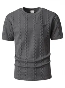 Donkergrijs heren t-shirt met korte mouwen, gestructureerd jacquardpatroon en borstzak