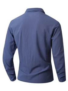 Back view detail of solid color long sleeve casual collared shirt, comfortable fabric.