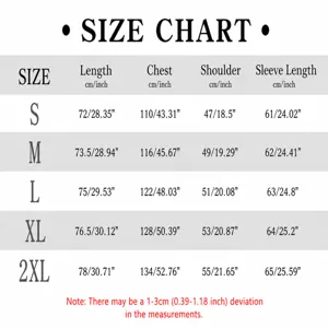 Size chart for men casual zipper hoodie jacket, showing length, chest, shoulder and sleeve.