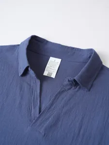 Men's solid color linen henley long sleeve shirt collar detail view casual beach top