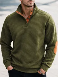 Sudadera de punto gofrado verde oliva para hombre con cuello alto y parches naranjas