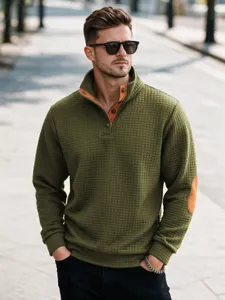 Sueter acolchado verde oliva de hombre cuello alto manga larga parte superior casual