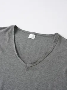 Grey v-neck t-shirt collar closeup detail knit fabric casual wear product view