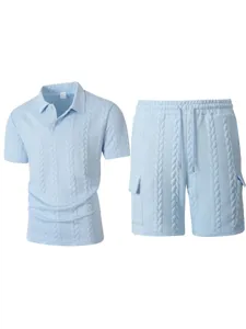 Men's casual knit polo shirt and cargo shorts set light blue summer two piece outfit