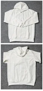 Men's solid color patterned casual zip-up hooded sweatshirt jacket with front pockets.
