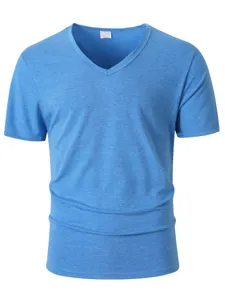 Close-up detail of the V-neck collar and blue heather fabric on the men short sleeve t-shirt.