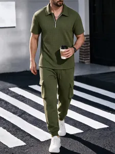Detail view of men's casual waffle polo shirt and cargo pants outfit in olive green.