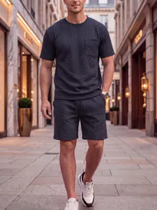 Detailed view of the men summer casual short sleeve knit waffle jacquard t-shirt set.
