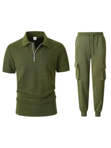 Men's green waffle knit zipper polo shirt and matching casual cargo sweatpants set.