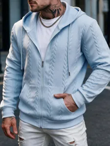 Men's light blue textured zip-up hooded sweatshirt detail view, casual knit pattern jacket.