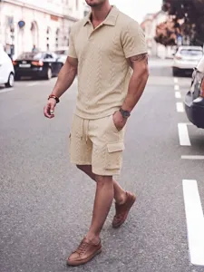 Detail shot of men's casual knit short-sleeve polo shirt and cargo shorts set in khaki.