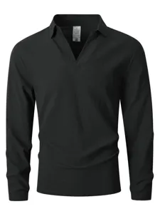 Detail view of mens solid color long sleeve Henley shirt with V-neck collar, casual style.