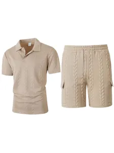 Men's casual cable knit polo shirt and shorts set detailed view for daily summer wear.