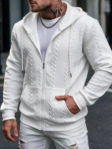 Men's white zip-up hoodie detail, textured cable knit pattern, casual streetwear style.