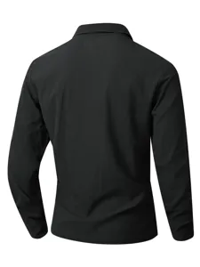 Men solid black long sleeve henley shirt back view detail, casual fashion daily wear.