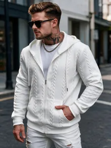 Men solid color cable knit zip up hooded sweatshirt jacket casual outerwear stylish design.