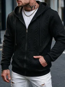 Detailed view of men's black textured zip-up hooded sweatshirt with cable pattern.