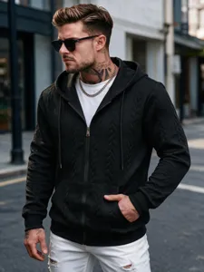 Men's casual solid color patterned zip-up hooded sweatshirt jacket for daily outdoor wear.