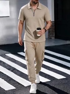 Men waffle knit short sleeve zip polo shirt and casual cargo joggers matching set.