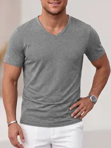 Close-up detail of casual men's grey V-neck short sleeve t-shirt, soft breathable fabric.