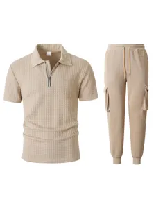 Waffle knit texture detail of the casual half-zip polo shirt and cargo pants set.