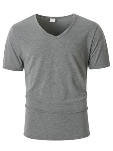 Men's casual solid color V-neck short sleeve t-shirt comfortable summer basic top grey