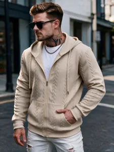 Men's casual zip-up hooded sweatshirt with stylish knit pattern for everyday wear and comfort.