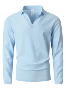 Men's Solid Color Henley Long Sleeve Shirt V-Neck Casual Beach Pullover Top Shirt