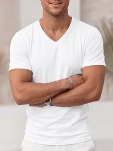 Detail shot of men's casual solid white V-neck short sleeve t-shirt, soft fabric finish.
