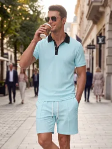 Men summer waffle polo shirt and shorts set, casual short sleeve two piece clothing outfit.