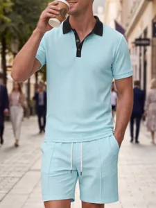 Men's summer waffle knit polo shirt and shorts set casual short sleeve outfit light blue