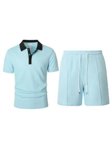Men's summer waffle knit polo shirt and shorts set casual sportswear light blue stylish.