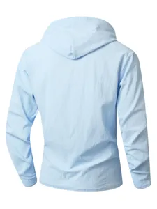 Chemise homme casual bleu clair a capuche manches longues coton lin pour printemps