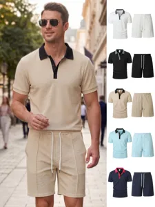 Men Waffle Knit Polo Shirt And Shorts Set Casual Short Sleeve Turn Down Collar Colorblock Athletic Outfit