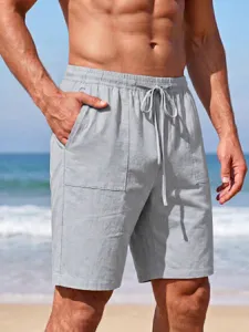 Herren Freizeit Strandshorts Detail, grau Baumwolle-Leinen Stil, elastischer Kordelzug.
