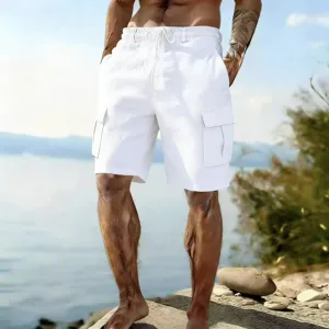 Mens white casual cotton linen cargo shorts with elastic drawstring waist for beach wear.