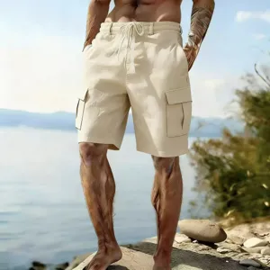 Men's casual beige cargo shorts with drawstring elastic waist, perfect for daily beach wear.