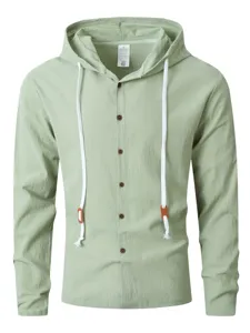 Chemise à capuche à manches longues en lin et coton vert clair pour hommes top casual