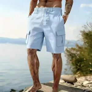 Men's casual linen cargo shorts with elastic drawstring waist for beach daily wear blue