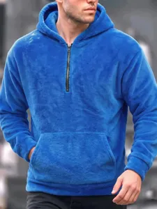 Felpa con cappuccio mezza zip uomo in pile corallo peluche, morbida calda casual inverno