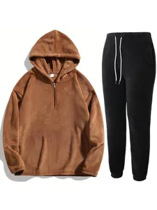Men's Casual Coral Fleece Hoodie And Pants Set Half Zip Long Sleeve Sweatshirt Tracksuit Winter Warm Casual Outfit