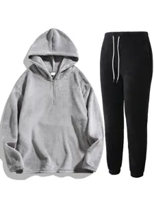 Men autumn winter fleece half zip hoodie sweatpants set casual warm tracksuit outfit