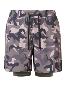 Short de sport camouflage double couche pour homme ete respirant cordon de serrage running