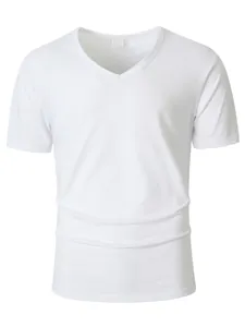 Detail view of mens solid white V-neck short sleeve casual T-shirt fabric and collar.