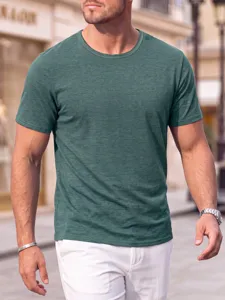 Vista di dettaglio della t-shirt da uomo a maniche corte e collo rotondo tinta unita.