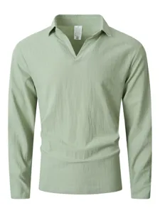 Men's long sleeve henley shirt casual v-neck pullover collared top for beach vacation daily wear